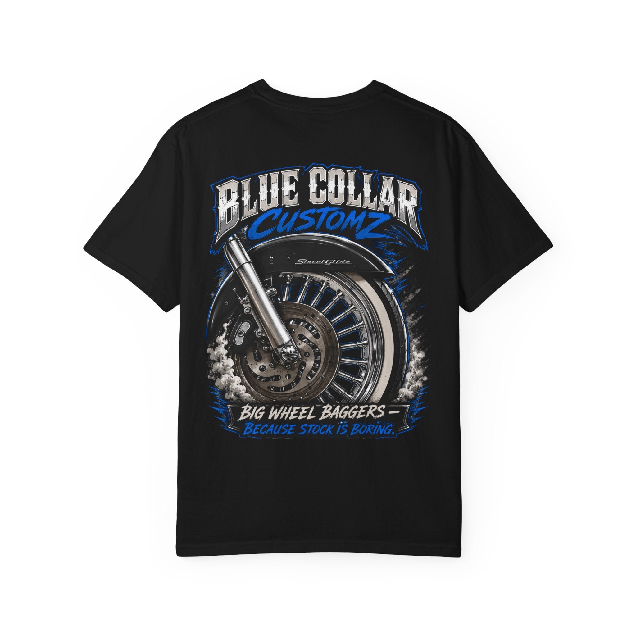 Blue Collar Customz Motorcycle T‑Shirt — Big Wheel Baggers Graphic Tee