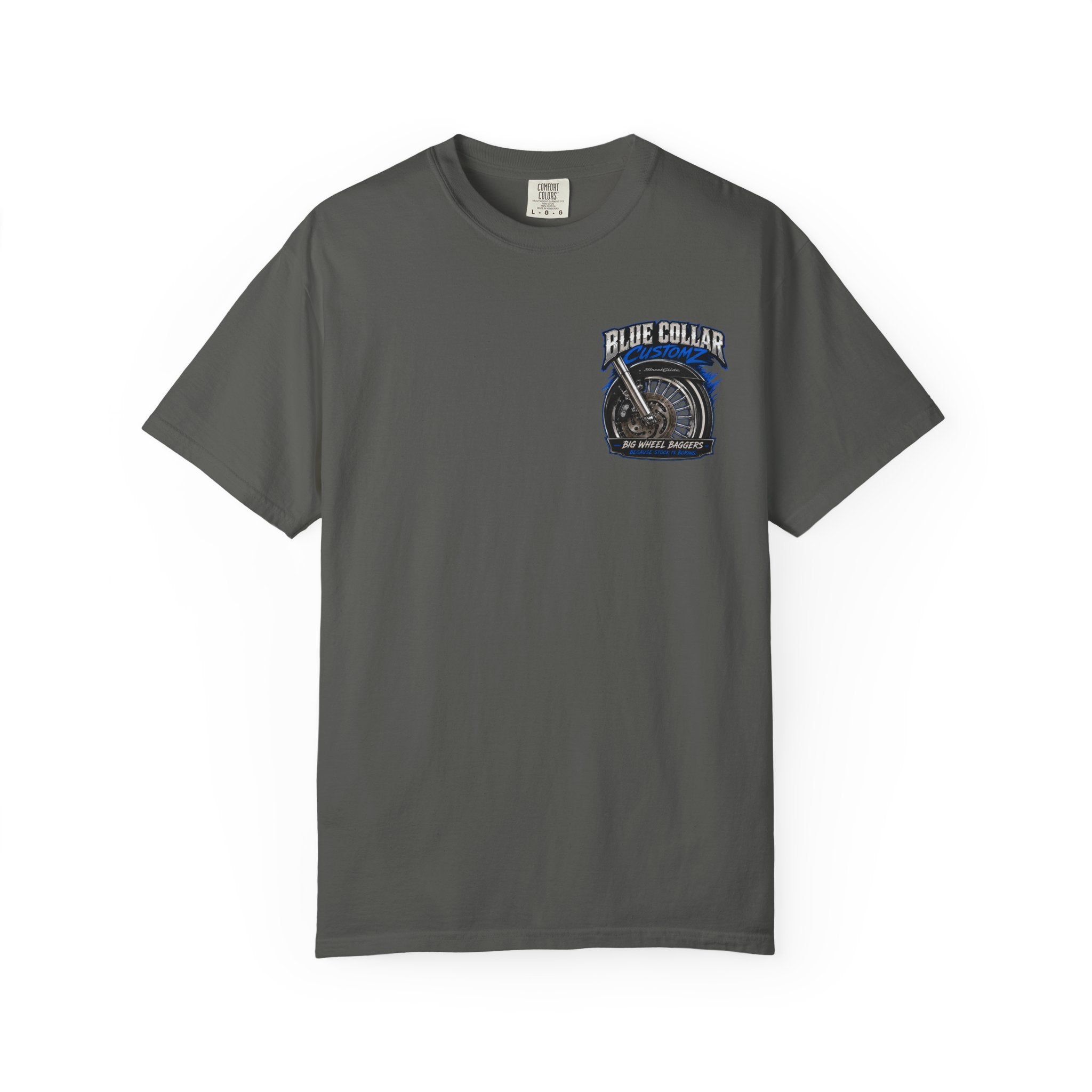 Blue Collar Customz Motorcycle T‑Shirt — Big Wheel Baggers Graphic Tee