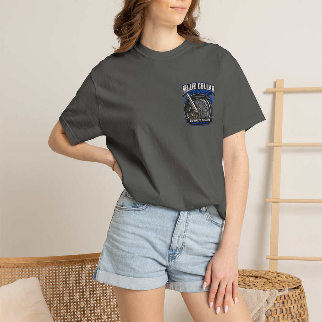 Blue Collar Customz Motorcycle T‑Shirt — Big Wheel Baggers Graphic Tee