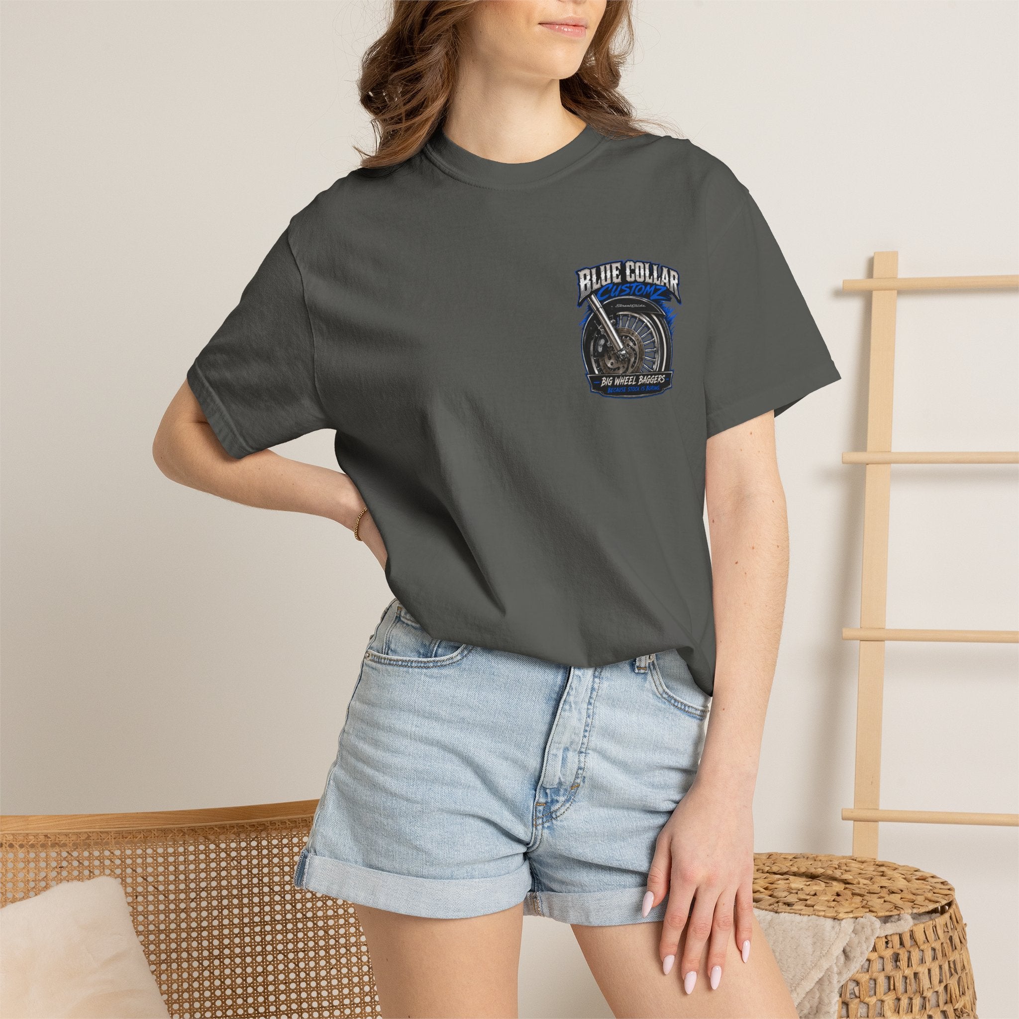 Blue Collar Customz Motorcycle T‑Shirt — Big Wheel Baggers Graphic Tee