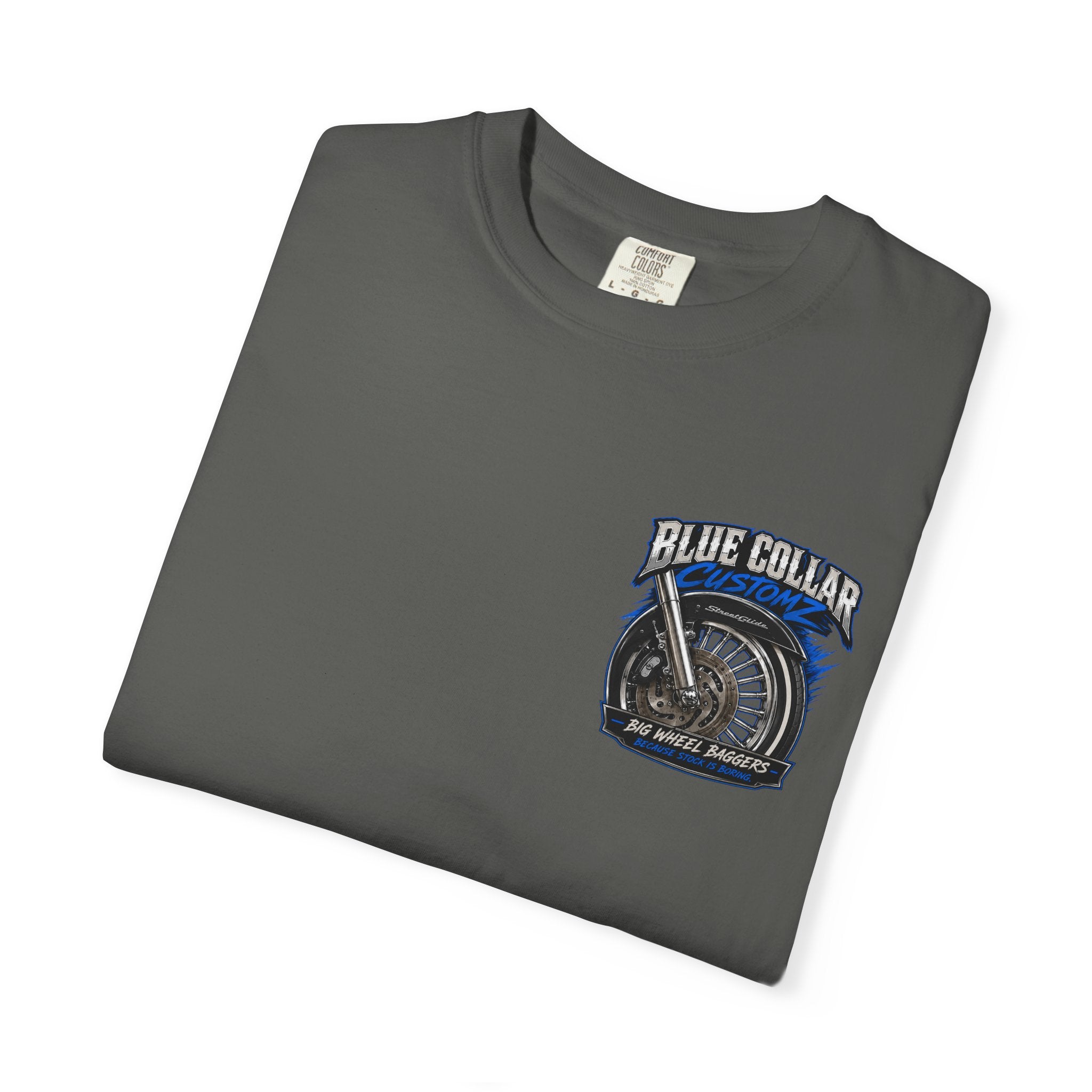 Blue Collar Customz Motorcycle T‑Shirt — Big Wheel Baggers Graphic Tee