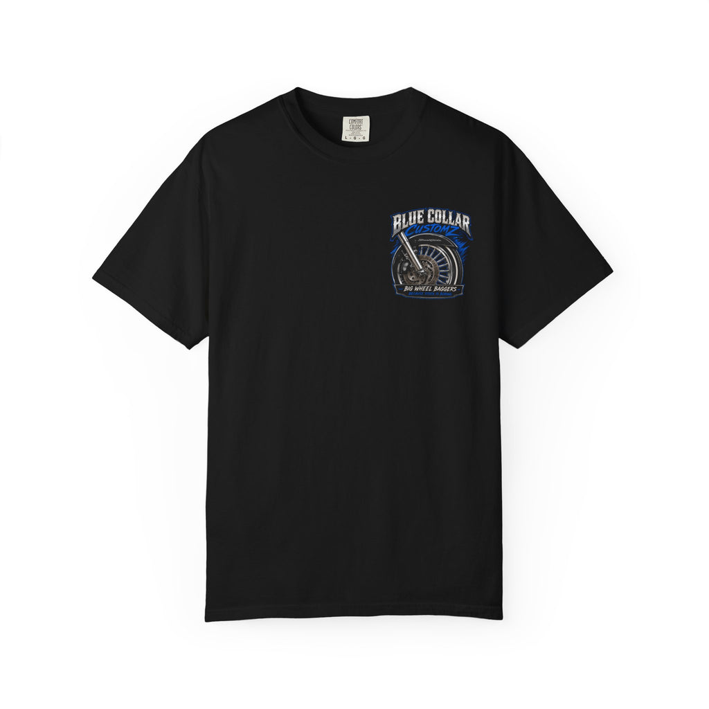 Blue Collar Customz Motorcycle T‑Shirt — Big Wheel Baggers Graphic Tee