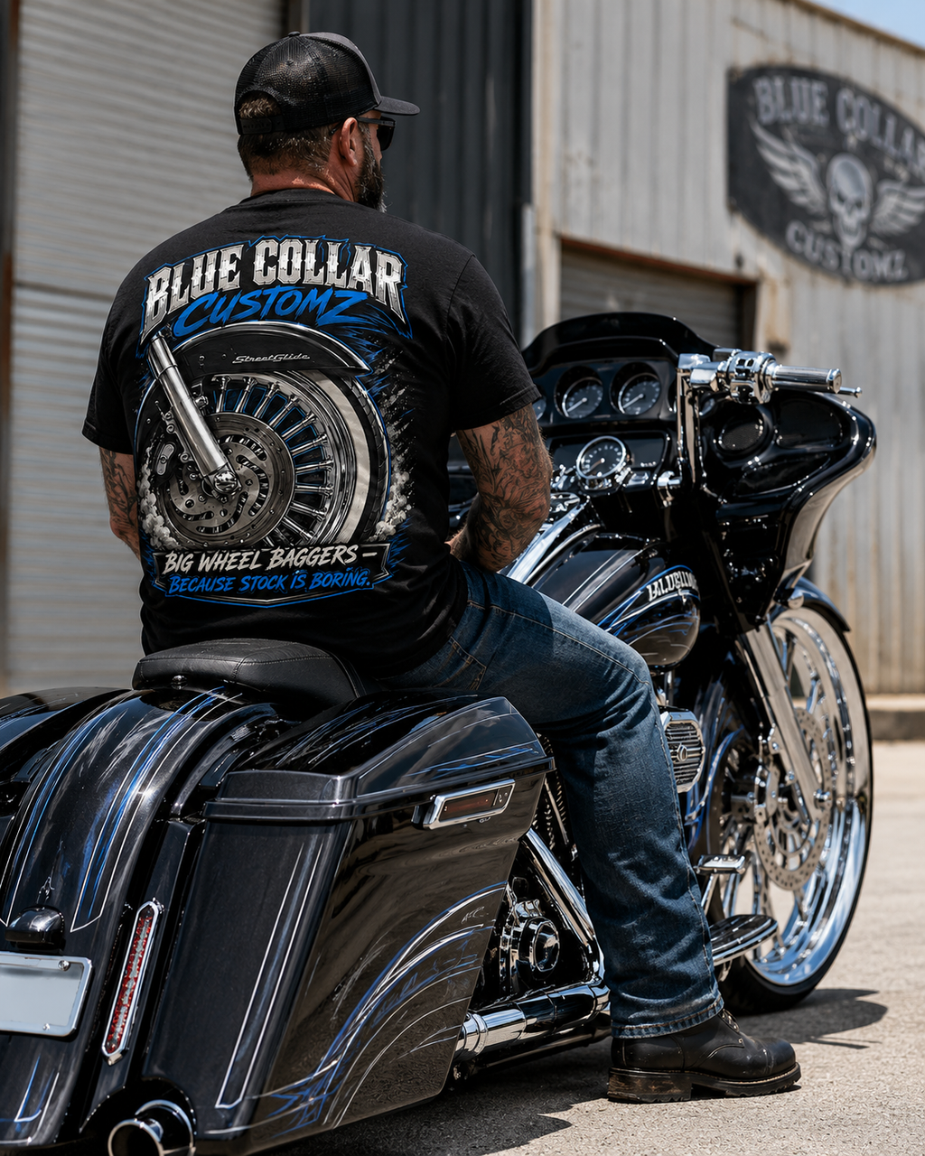 Blue Collar Customz Motorcycle T‑Shirt — Big Wheel Baggers Graphic Tee