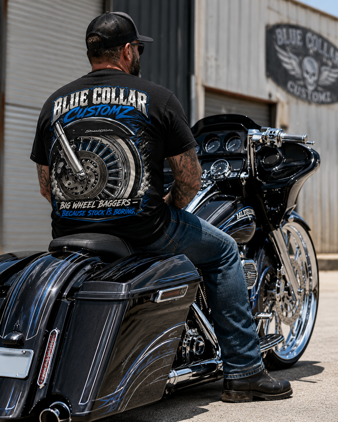 Blue Collar Customz Motorcycle T‑Shirt — Big Wheel Baggers Graphic Tee