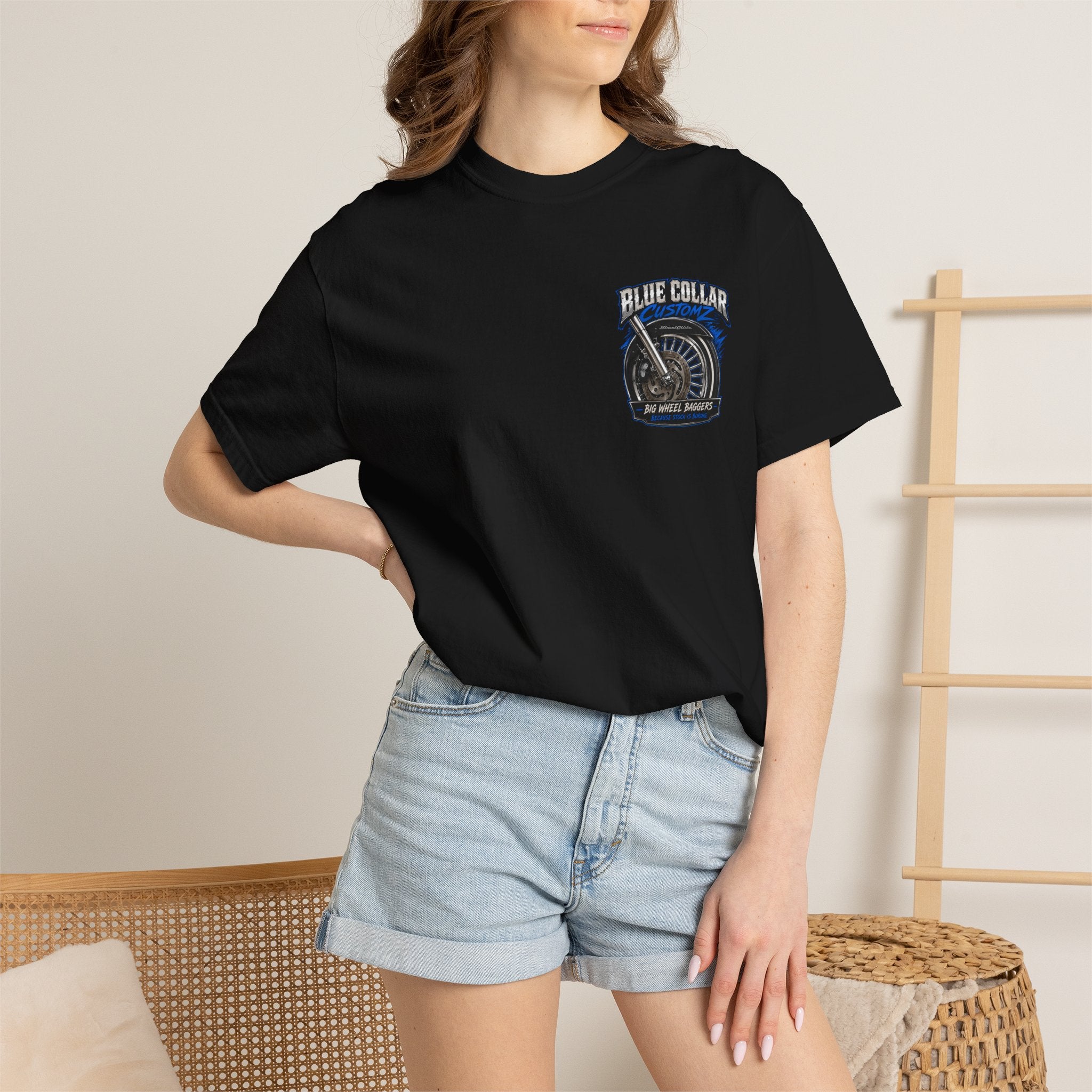 Blue Collar Customz Motorcycle T‑Shirt — Big Wheel Baggers Graphic Tee