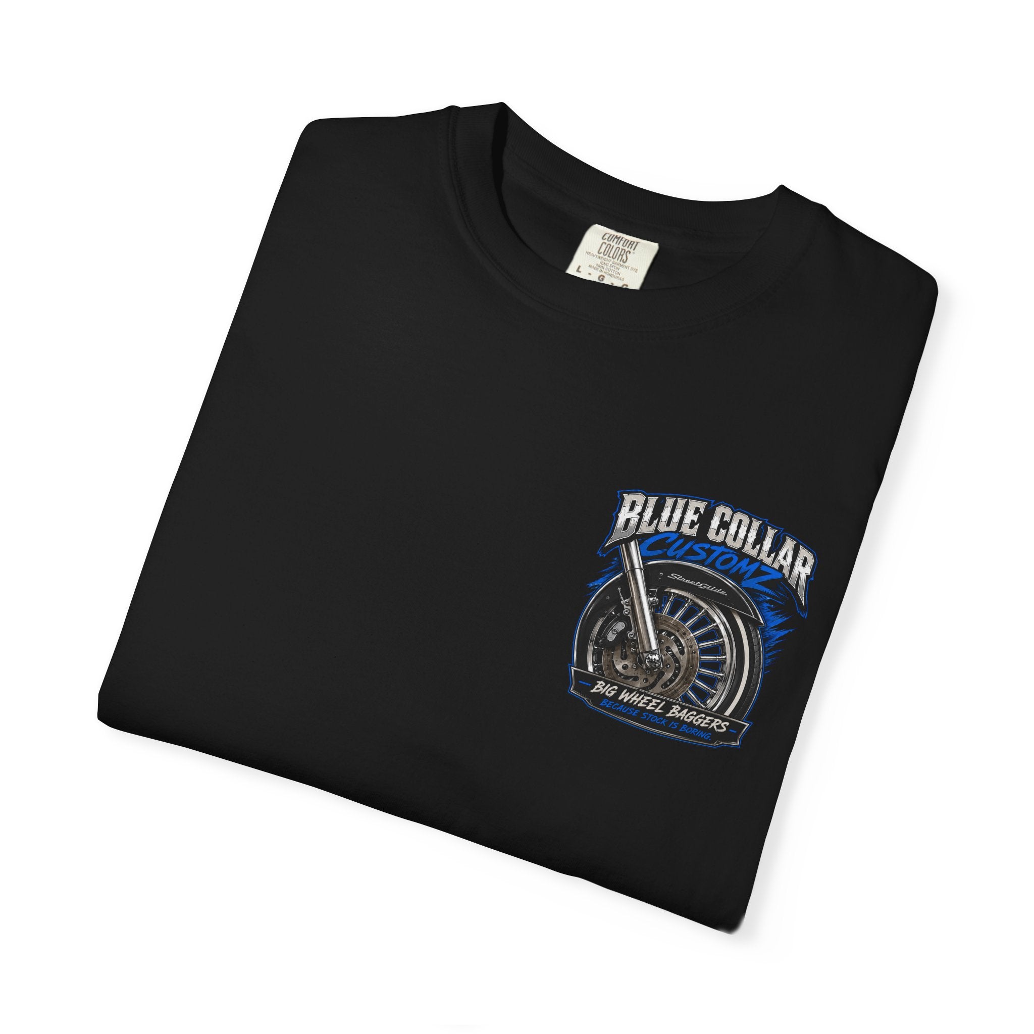 Blue Collar Customz Motorcycle T‑Shirt — Big Wheel Baggers Graphic Tee